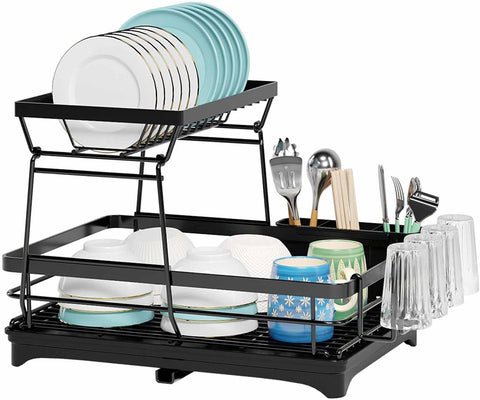CARLA HOME 2-Tier Dish Drying Rack for Kitchen Counter with Drainboard, Utensil Holder, Cup Rack & Cutlery Organizer - Auzzistore