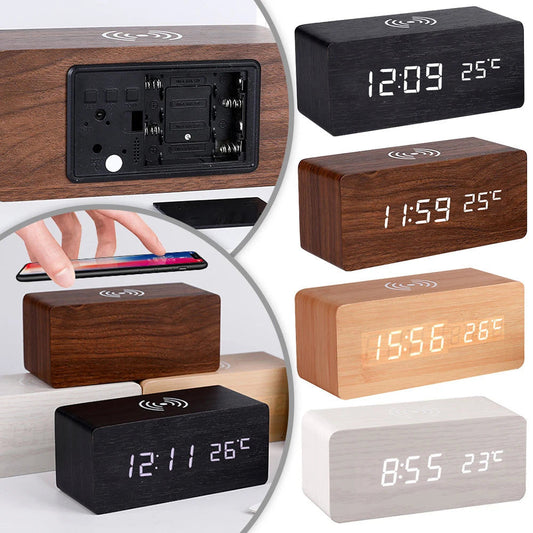 Modern Wooden LED Desk Clock with Qi Charger – view 2 - Auzzistore