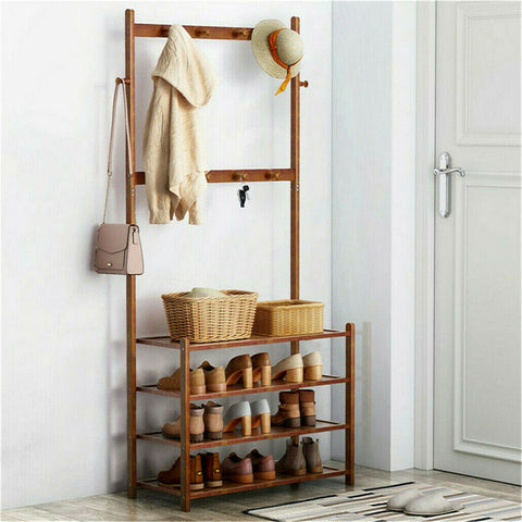 Bamboo 5-Tier Hat Coat Shoe Rack Entryway Bench Hanger Storage - Auzzistore
