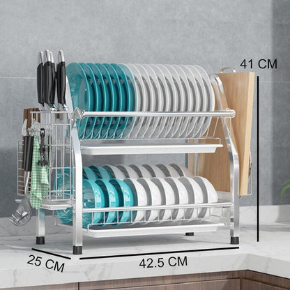 2 Tier Silver Kitchen Dish Rack Drainer 41cm High 25cm Long