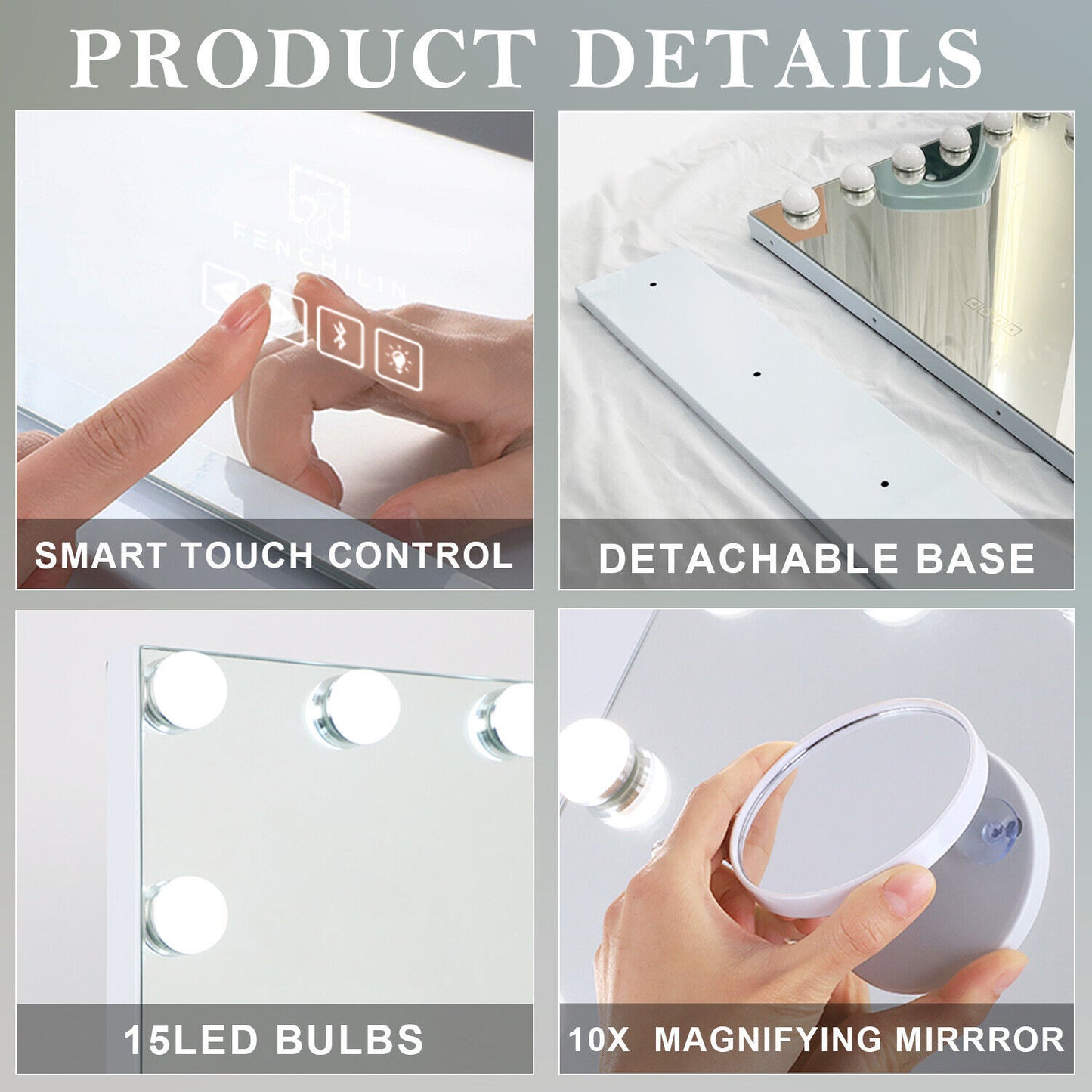 Hollywood LED Vanity Mirror Bluetooth Rectangle White Silver