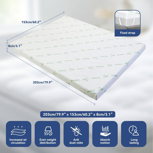 Queen Memory Foam Mattress Topper 7-Zone Bamboo Cover Breathable – view 2 - Auzzistore