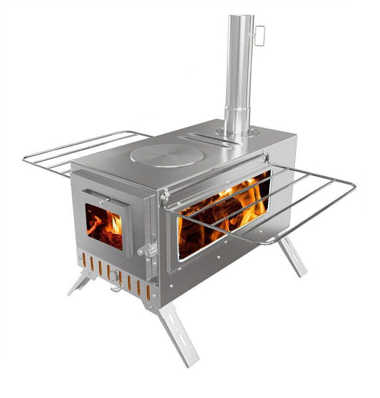 Stainless Steel Wood Burning Stove 1 Burner Camping BBQ with Chimney - Auzzistore