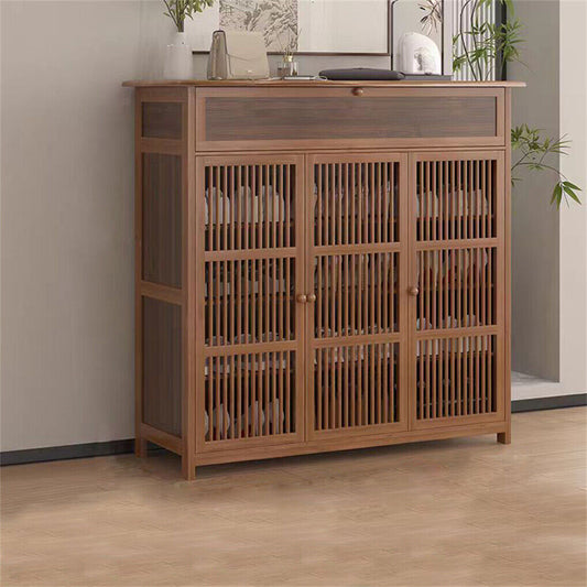 Wooden Shoe Rack XL 4 Tier 3 Doors Drawers Shelves Cabinet Organizer - Auzzistore