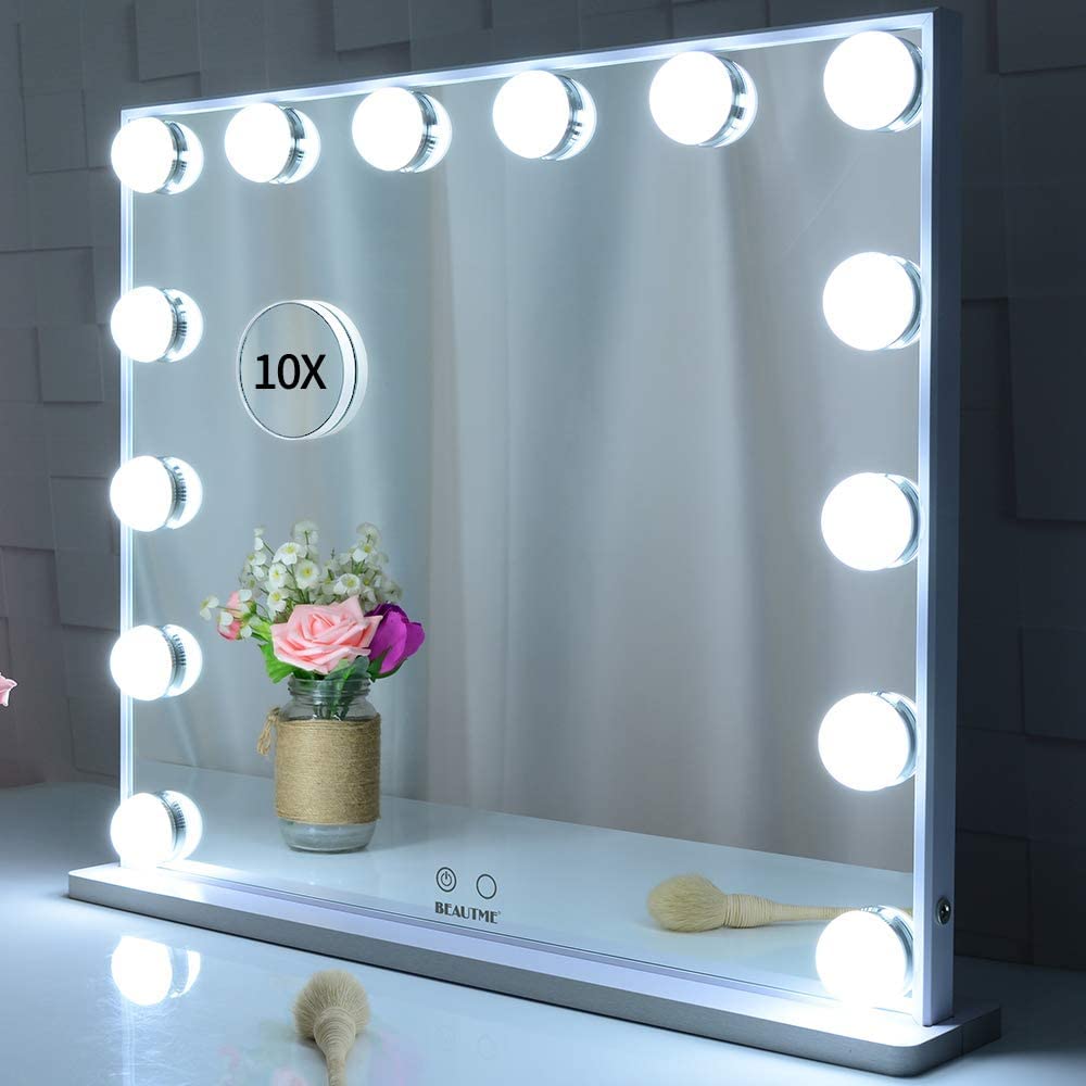 Hollywood Makeup Vanity Mirror with LED Lights, 10X Magnification, 14 Dimmable Bulbs, 62x51 cm, White
