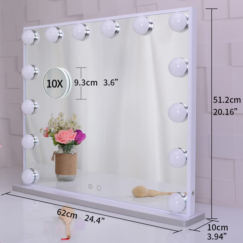 Hollywood Makeup Vanity Mirror with LED Lights, 10X Magnification, 14 Dimmable Bulbs, 62x51 cm, White