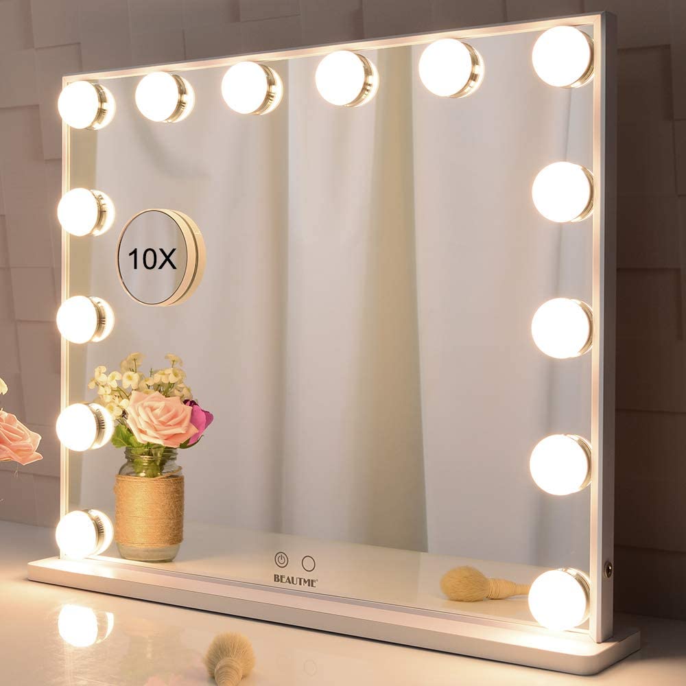 Hollywood Makeup Vanity Mirror with LED Lights, 10X Magnification, 14 Dimmable Bulbs, 62x51 cm, White