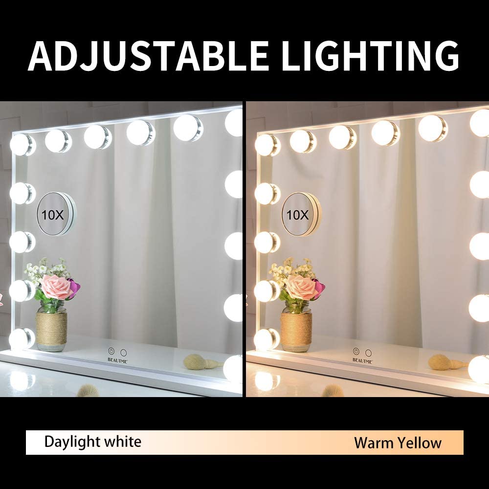 Hollywood Makeup Vanity Mirror with LED Lights, 10X Magnification, 14 Dimmable Bulbs, 62x51 cm, White