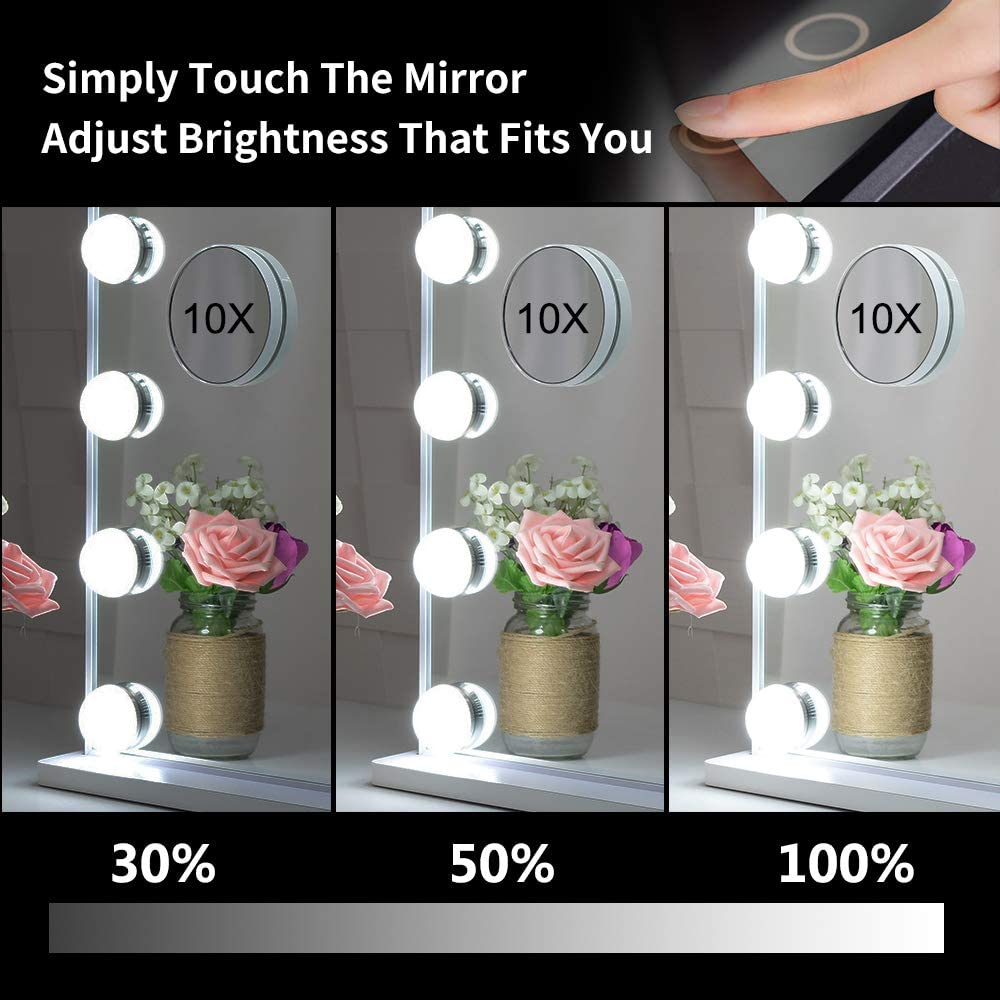 Hollywood Makeup Vanity Mirror with LED Lights, 10X Magnification, 14 Dimmable Bulbs, 62x51 cm, White