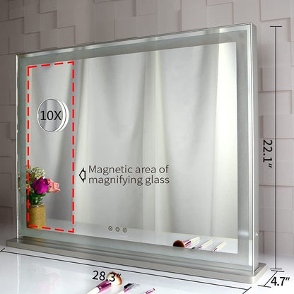 Hollywood LED Makeup Mirror 72x56cm, Smart Touch, 3 Colors Dimmable, 10X Magnifying, Wall/Desktop Use