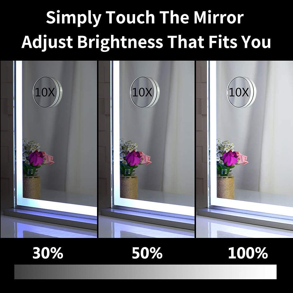 Hollywood LED Makeup Mirror 72x56cm, Smart Touch, 3 Colors Dimmable, 10X Magnifying, Wall/Desktop Use