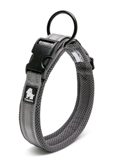 Heavy Duty Reflective Dog Collar Grey XL - Safety Lock, Stainless Steel O Ring, 3M Reflectors