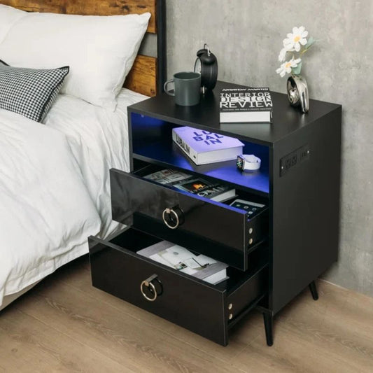 Amelia Modern LED Bedside table with USB and power socket black x 2 – view 2