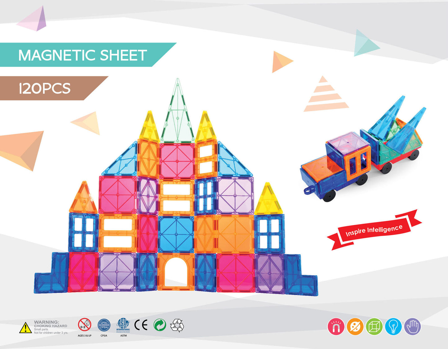 120 Pcs non-toxic STEM Educational, Durable Magnetic Tiles/Puzzle with Storage Bag