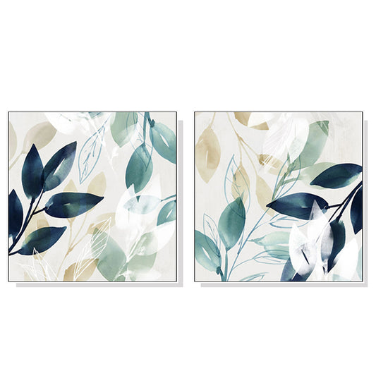 Wall Art 70cmx70cm Watercolour style leaves 2 Sets White Frame Canvas - Auzzistore