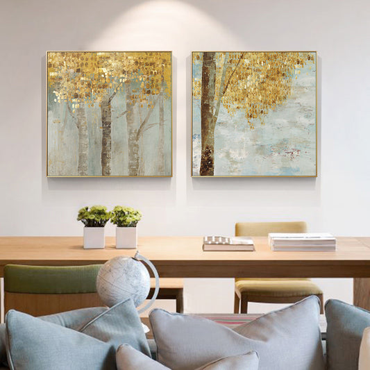 Wall Art 70cmx70cm Golden Leaves 2 Sets Gold Frame Canvas – view 2