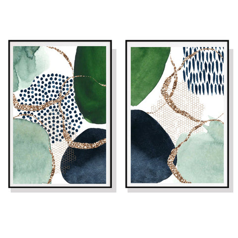 Wall Art 40cmx60cm Abstract Green and Navy 2 Sets Black Frame Canvas - Auzzistore