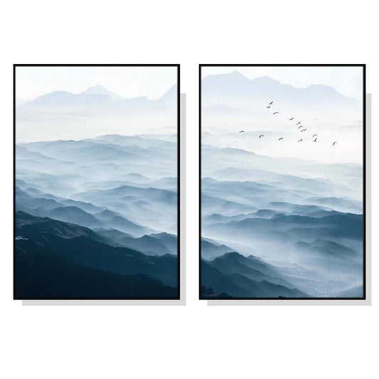 Wall Art 60cmx90cm Blue mountains 2 Sets Black Frame Canvas - Auzzistore