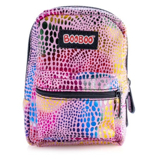 Pink Rainbow Foil BooBoo Mini Backpack, Denim Blue, Elastic Straps, Carabiner Clip, 110x50x150mm