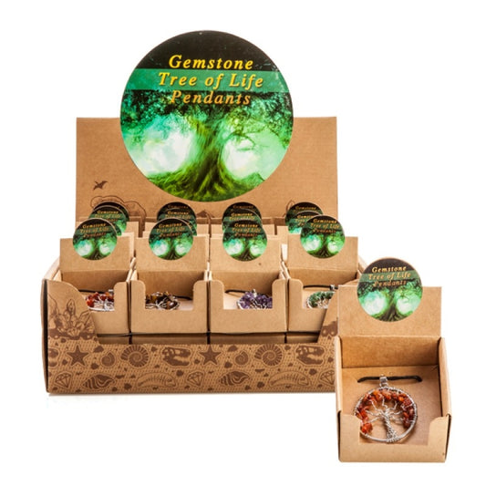 Gemstone Tree of Life Pendant Necklace - Leather Cord, Assorted Gemstones, V210-2670917