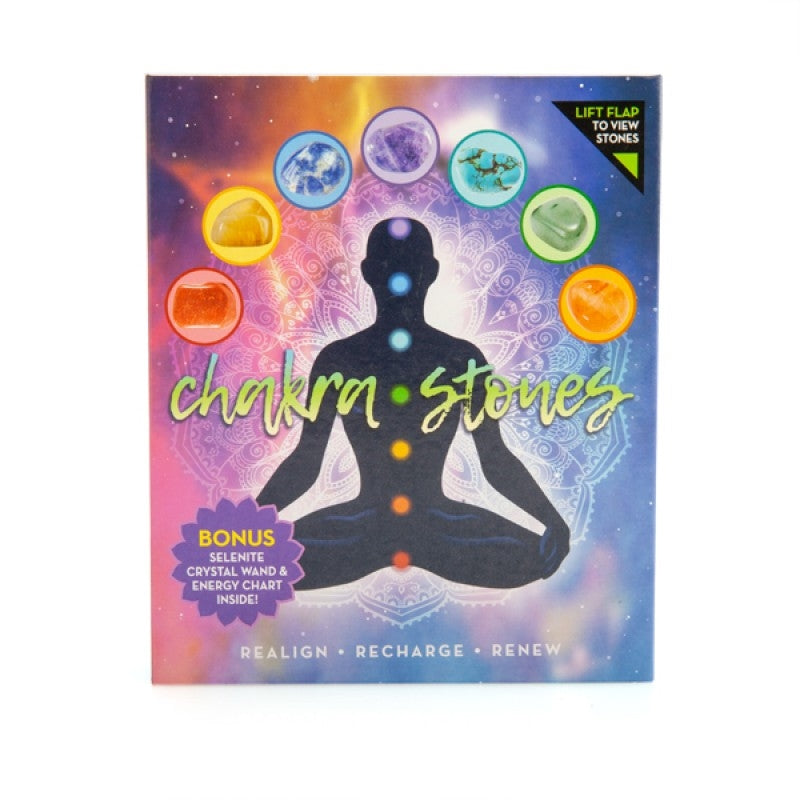 Chakra Stone Wellness Kit - 7 Stones, Selenite Wand, Energy Chart, Satchel