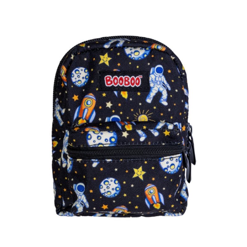 Space BooBoo Mini Backpack - Astronaut & Moon Pattern, 110x50x150mm, Elastic Straps, Carabiner Clip