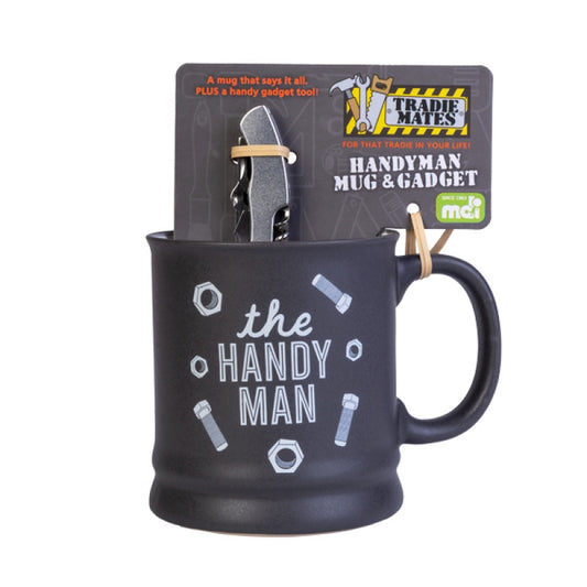 Handyman Gadget Mug with Multi-tool: Scissors, Knife, Corkscrew, Bottle Opener, Screwdriver, Charcoal Grey Design