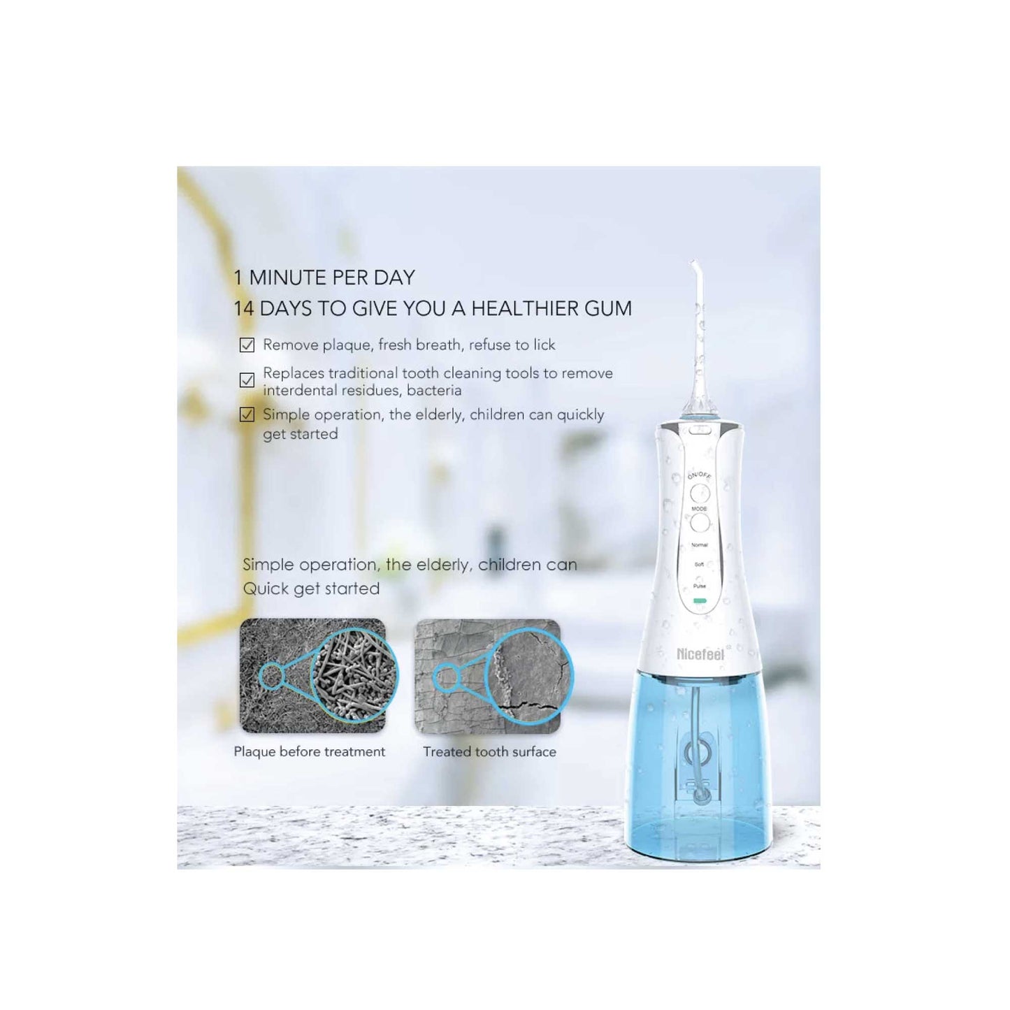 Portable Cordless Oral Irrigator 320ml - Dental Massage Flosser, Rechargeable, Waterproof, 3 Pressure Modes