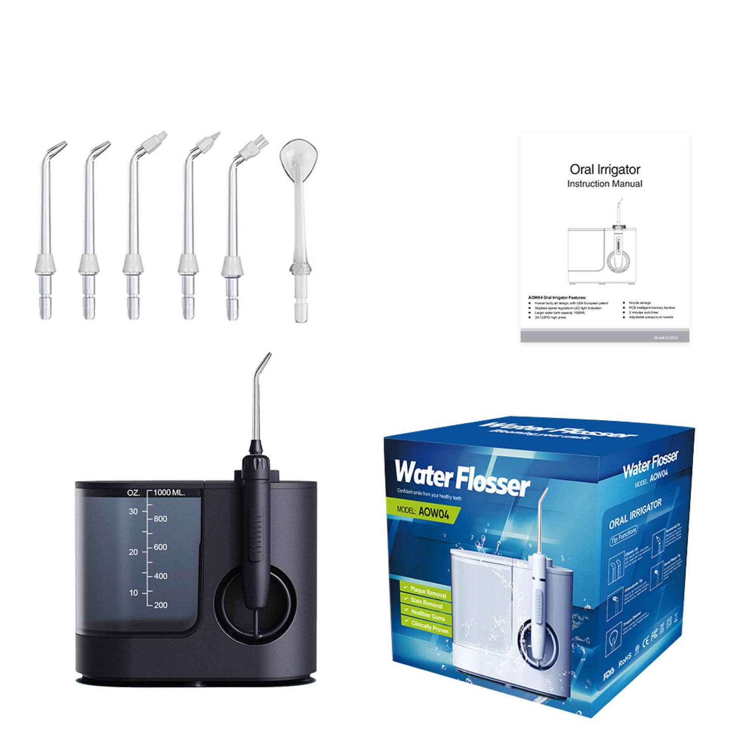 AOW04 Pro Dental Water Flosser 1000ml Black - Electric Oral Pressure Irrigator 30-150psi 5 Tips