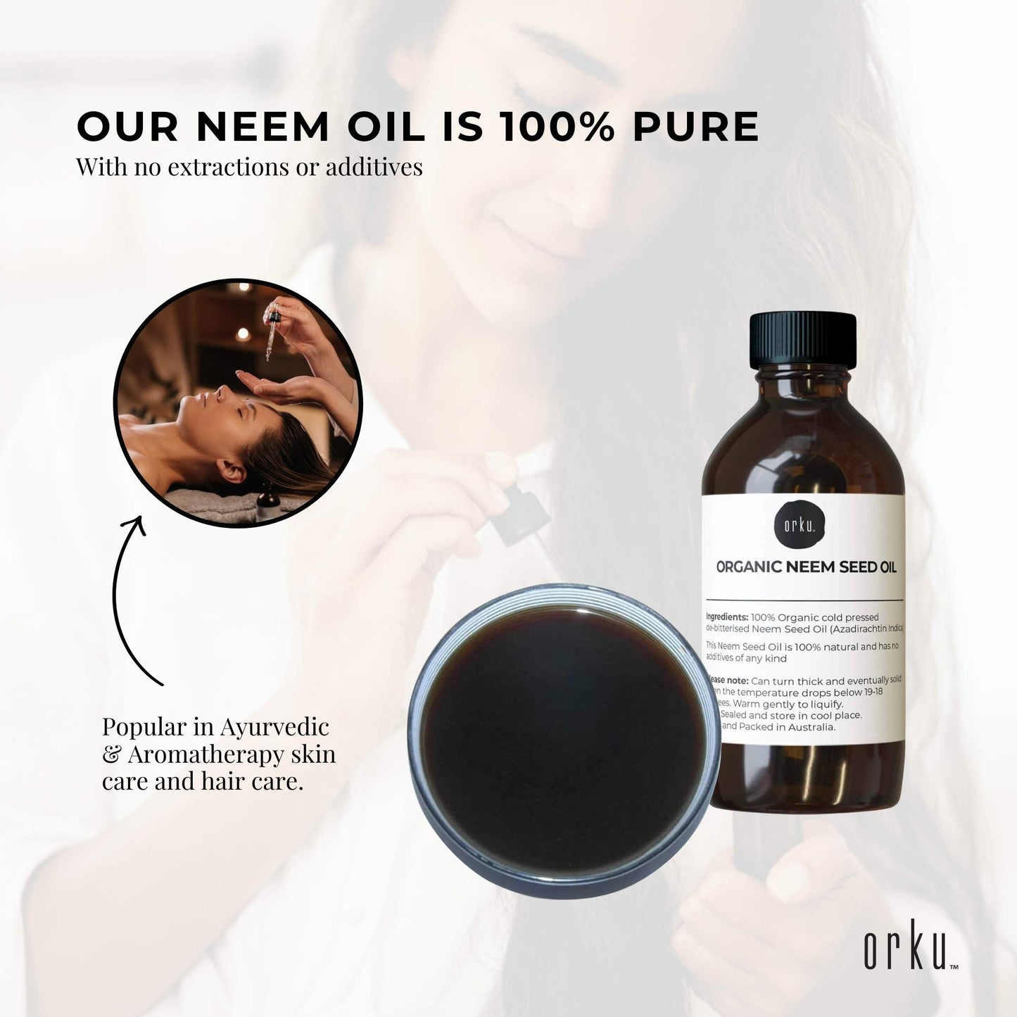 Orku 100ml Organic Neem Seed Oil Cold Pressed Azadirachtin Indica Amber Bottle