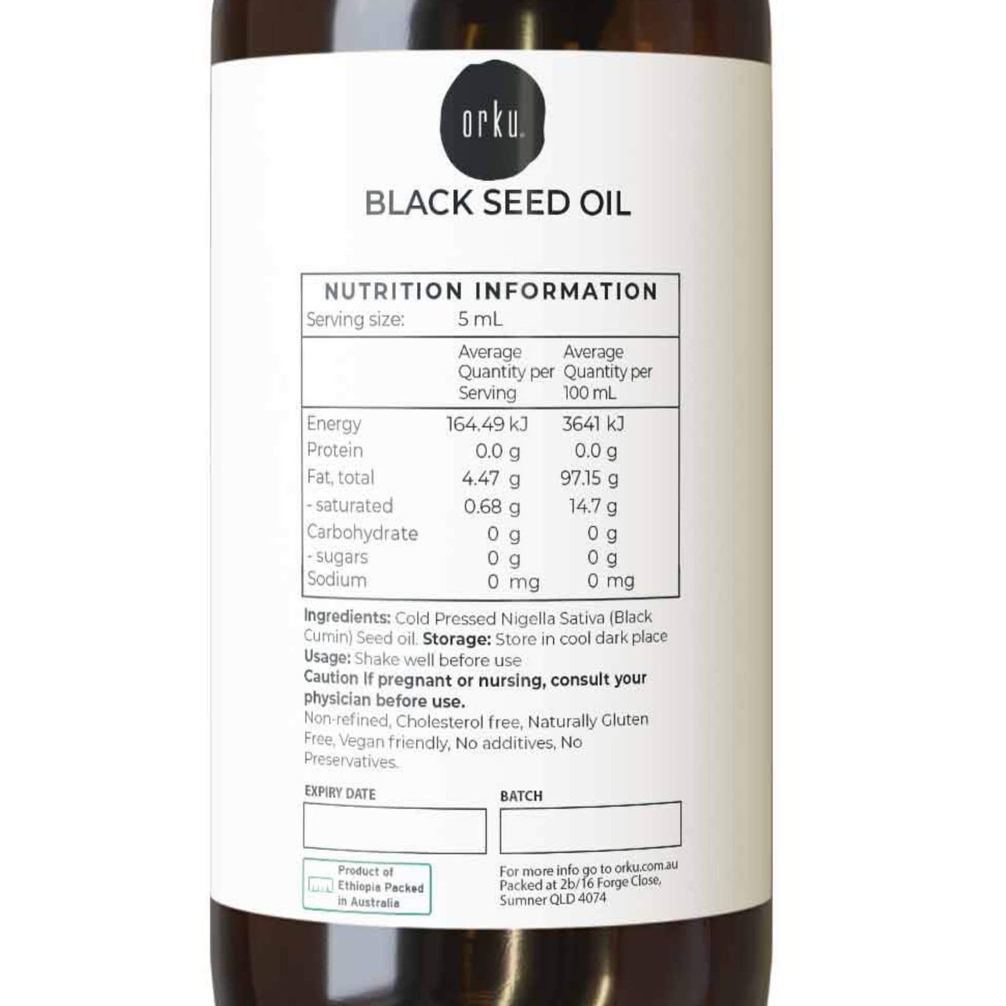 Orku Ethiopian Black Seed Oil 25ml - 100% Pure Cold Pressed, Non-Refined, Vegan, No Additives
