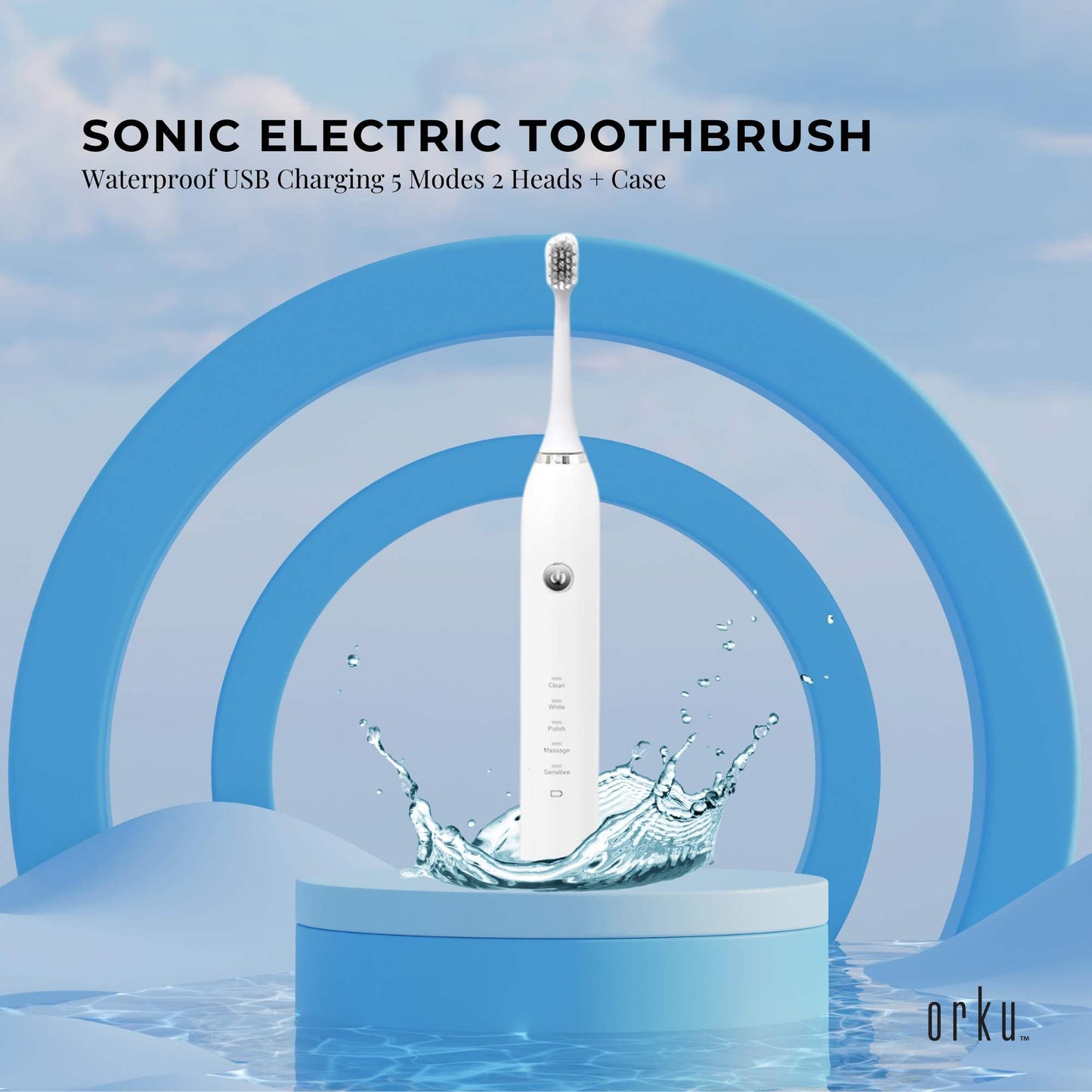 Bewellaero Smart Sonic Electric Toothbrush AOE03 - USB Rechargeable, 5 Modes, 2 Heads, IPX7 Waterproof