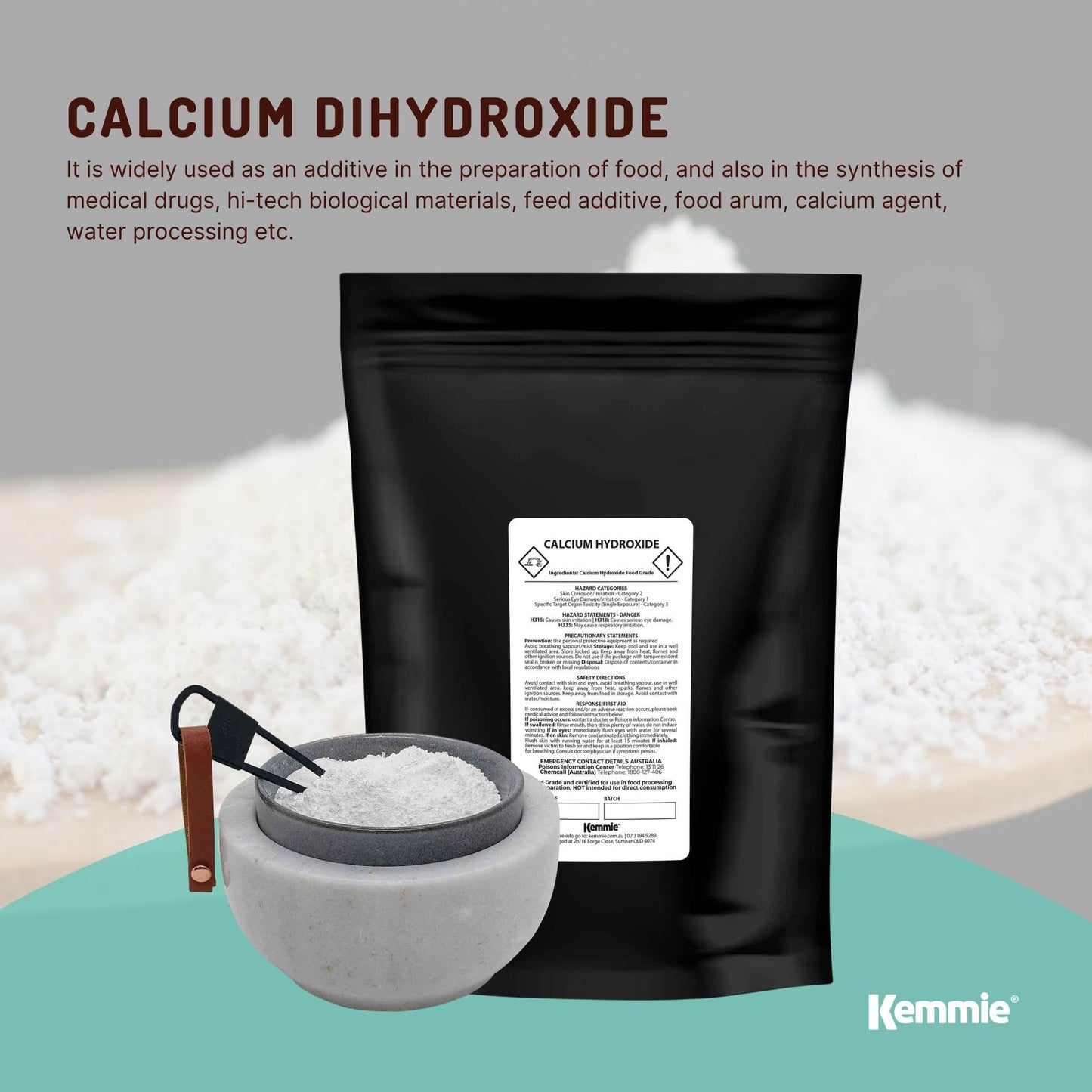 1Kg Food Grade Calcium Hydroxide Powder - FCC Hydrated Slaked Lime, 95% Purity, Ca(OH)2, Resealable Bag