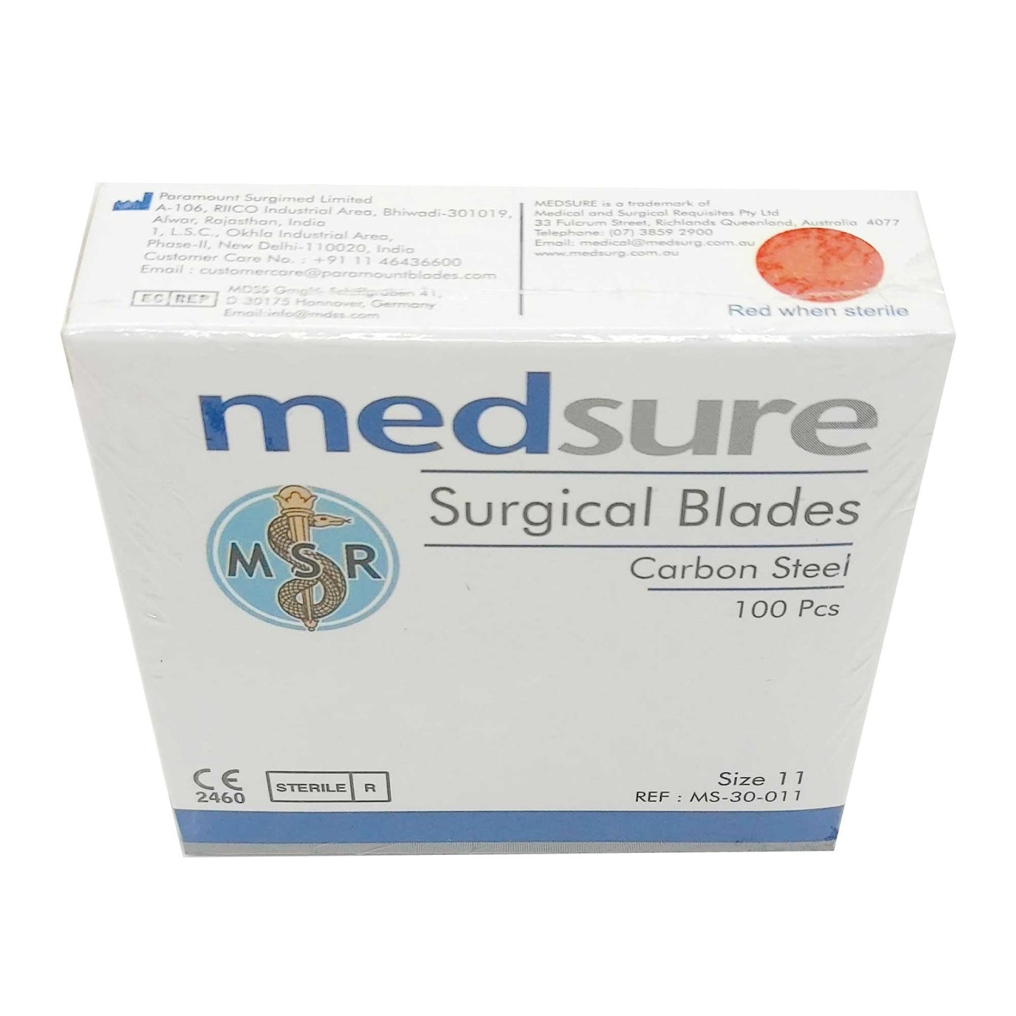 Medsure Surgical Blades Size 11, Sterile Carbon Steel, Disposable, Box of 100, CE 2460 Approved