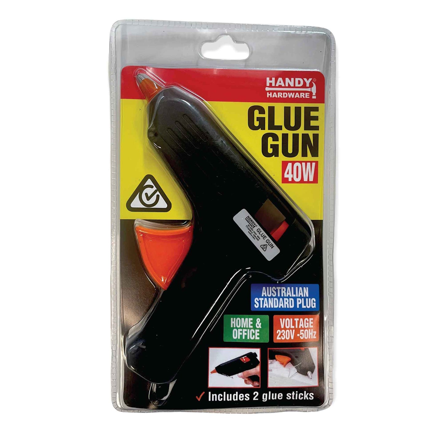 Handy Hardware 40W Glue Gun Model 55517 - RCM SAA Approved, Includes 2 Glue Sticks, Metal Stand
