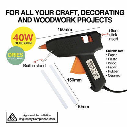 Handy Hardware 40W Glue Gun Model 55517 - RCM SAA Approved, Includes 2 Glue Sticks, Metal Stand