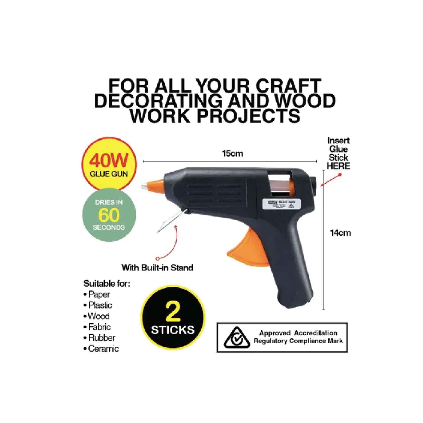 Handy Hardware 40W Glue Gun Model 55517 - RCM SAA Approved, Includes 2 Glue Sticks, Metal Stand