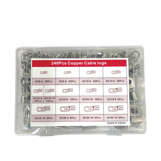 Copper Cable Lugs 240 Pcs Tin-Plated SC6-SC50 Ring Connectors, High Corrosion Resistance, -55 to 100°C