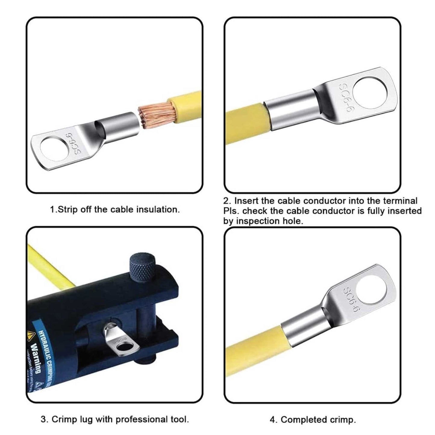 Copper Cable Lugs 240 Pcs Tin-Plated SC6-SC50 Ring Connectors, High Corrosion Resistance, -55 to 100°C