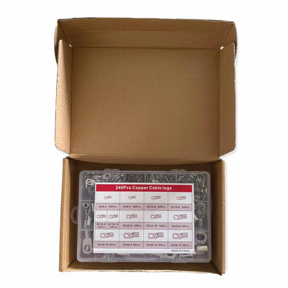 Copper Cable Lugs 240 Pcs Tin-Plated SC6-SC50 Ring Connectors, High Corrosion Resistance, -55 to 100°C