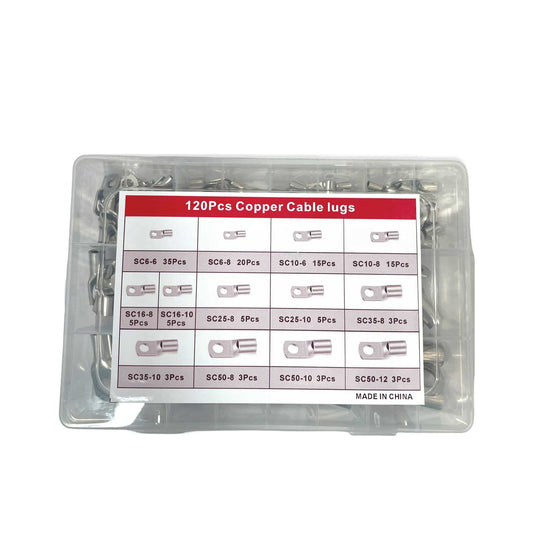 Copper Cable Lugs 120 Pcs SC6-SC50 Tin-Plated Connectors, High Corrosion Resistance, Storage Container