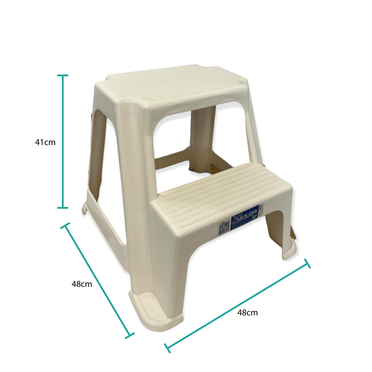 White Plastic Two Step Stool 41cm, 110kg Capacity, Textured Steps, Non-Slip Rubber Feet