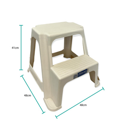White Plastic Two Step Stool 41cm, 110kg Capacity, Textured Steps, Non-Slip Rubber Feet