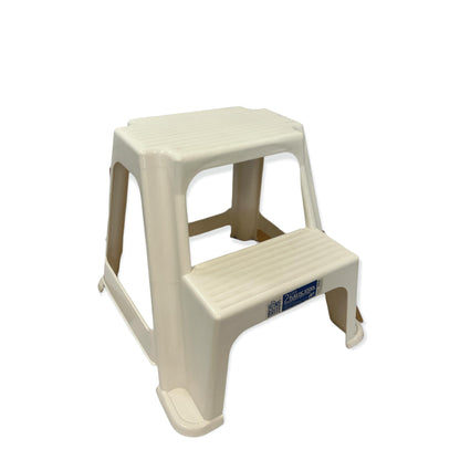 White Plastic Two Step Stool 41cm, 110kg Capacity, Textured Steps, Non-Slip Rubber Feet
