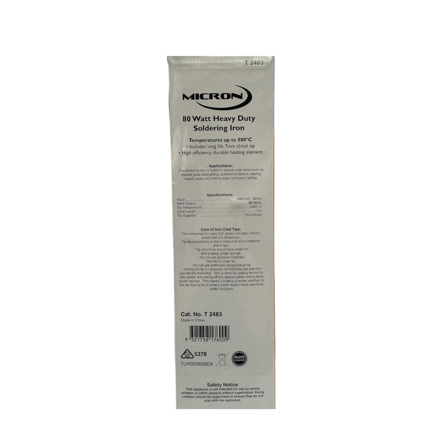 80W Soldering Iron Pencil T 2483 - 7mm Chisel Tip, 500°C, Insulated Handle, AU Plug