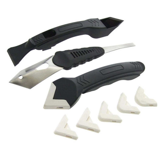 Sealant Scraper Kit 3pcs - Applicator with 4 Heads, Grout & Caulk Tool Set, Silver/Black, 140g