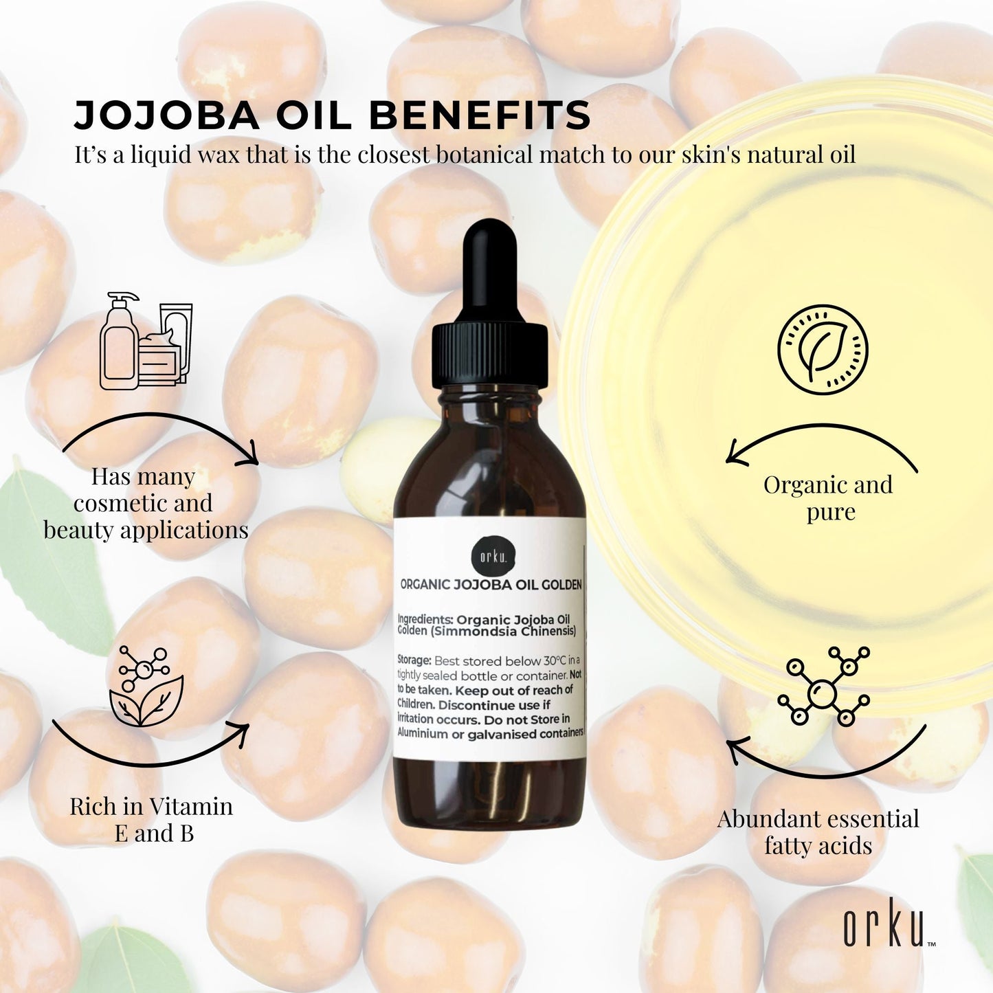 Organic Jojoba Oil 25ml - Cold Pressed, Vitamin E & B, Antioxidants, Hair & Skin Care