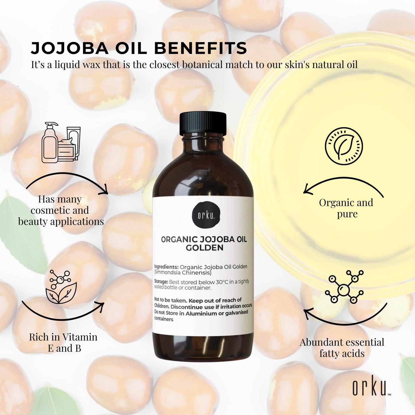 Organic Jojoba Oil 100ml - Cold Pressed, Vitamin E & B Rich, Skin & Hair Care