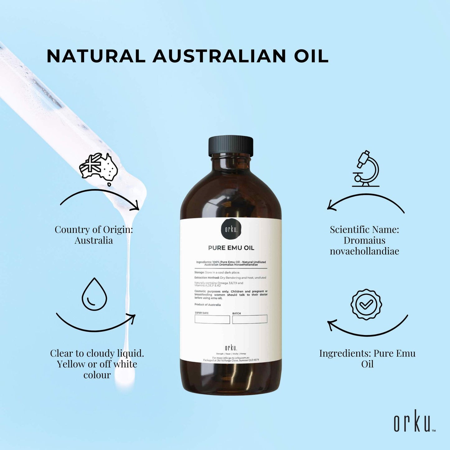 Orku 1L Pure Emu Oil - Natural Undiluted Australian Dromaius Novaehollandiae