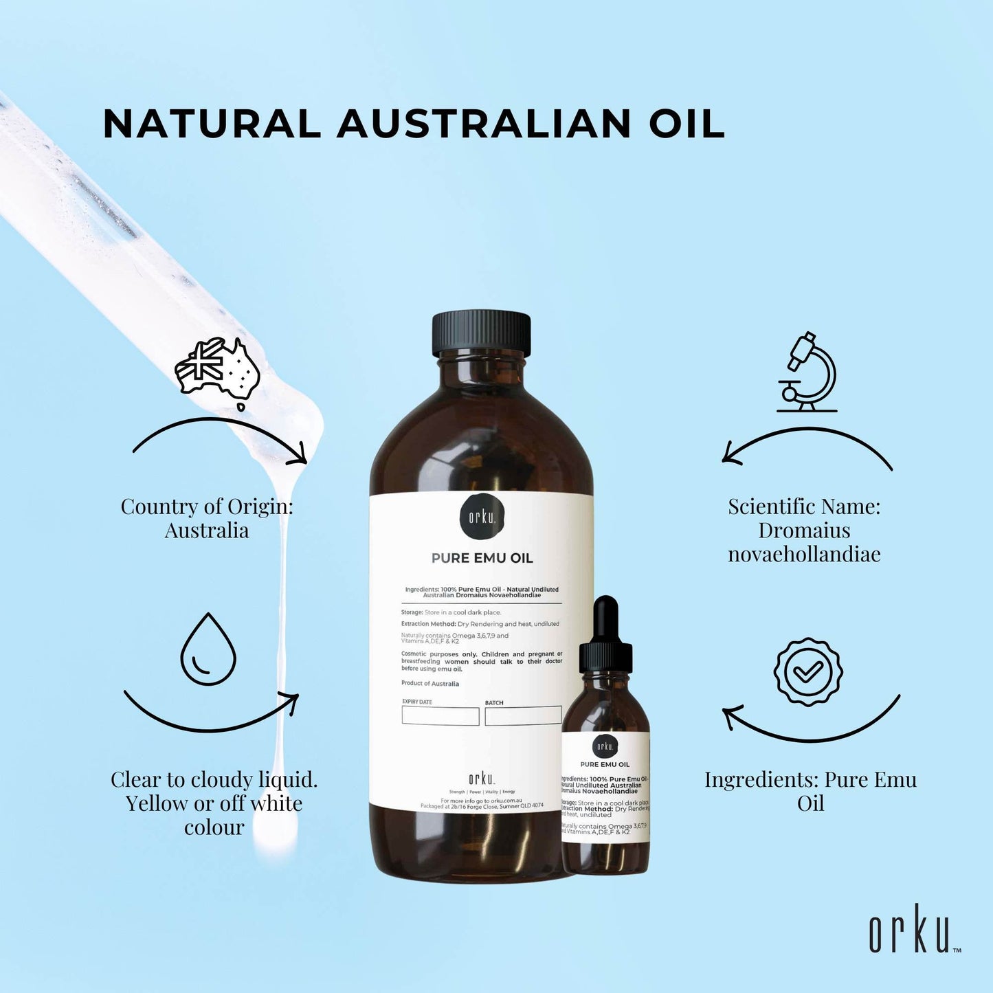 Orku 1L Pure Emu Oil + Bonus 25ml Bottle - Australian Dromaius Novaehollandiae
